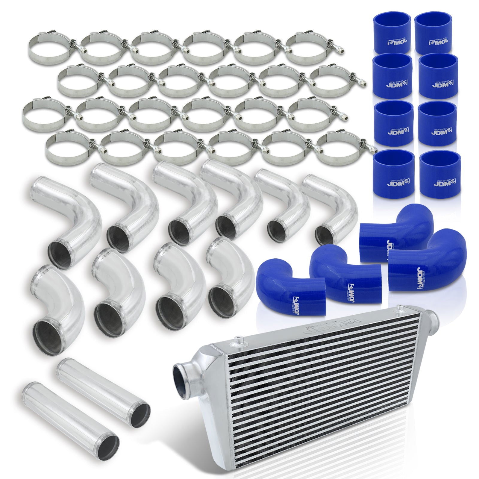 Universal 3" 12 Pieces Aluminum Piping Kit Polished (x2 Straight / x6 90 Degree Long / x4 90 Degree Short) + Silicone Couplers Blue + Universal Aluminum Intercooler (Bar & Plate | Overall: 31.0" x 11.75" x 3.0" | Core: 23.0" x 11.0" x 3.0") - Parts Agent