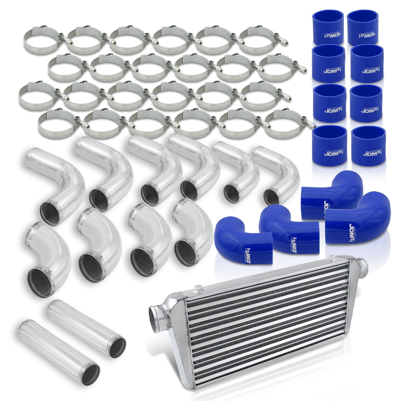 Universal 3" 12 Pieces Aluminum Piping Kit Polished (x2 Straight / x6 90 Degree Long / x4 90 Degree Short) + Silicone Couplers Blue + Universal Aluminum Intercooler (Tube & Fin | Overall: 30.75" x 11.75" x 3.0" | Core: 23.5" x 11.75" x 3.0") - Parts Agent