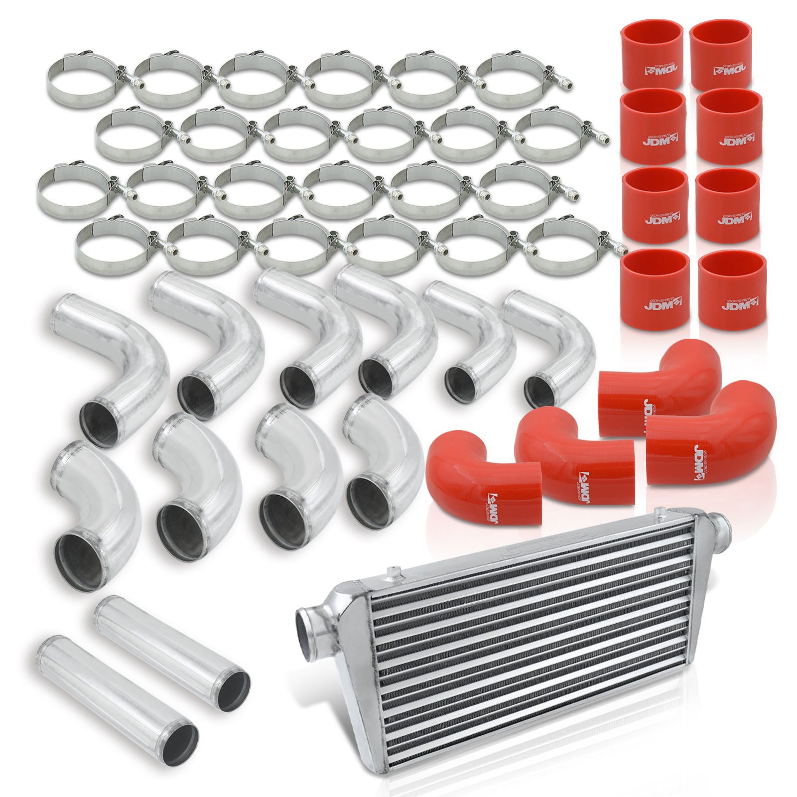 Universal 3" 12 Pieces Aluminum Piping Kit Polished (x2 Straight / x6 90 Degree Long / x4 90 Degree Short) + Silicone Couplers Red + Universal Aluminum Intercooler (Tube & Fin | Overall: 30.75" x 11.75" x 3.0" | Core: 23.5" x 11.75" x 3.0") - Parts Agent