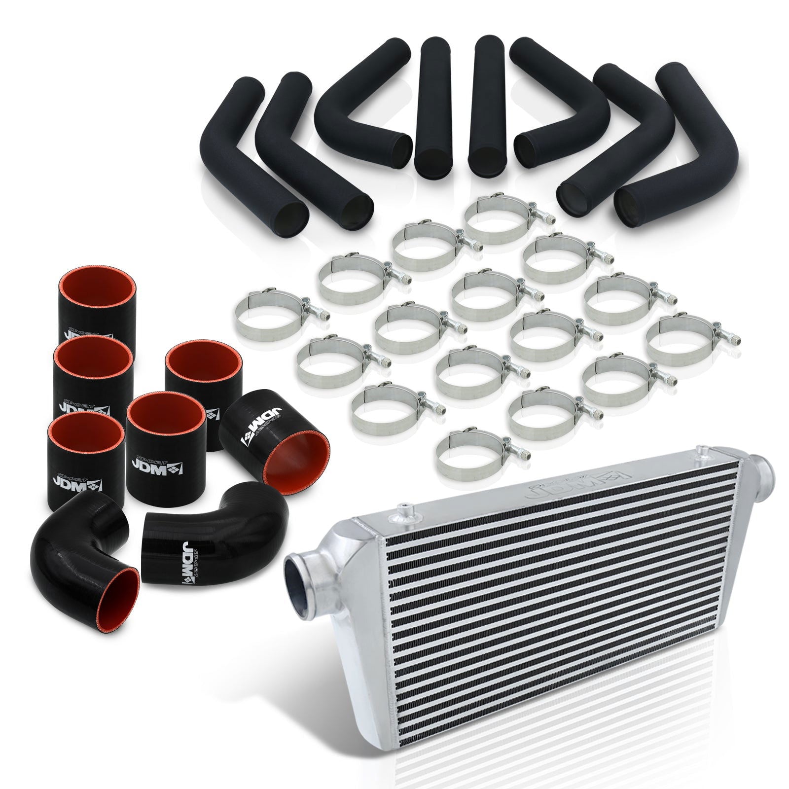 Universal 3" 8 Pieces Aluminum Piping Kit Black (x2 Straight / x2 90 Degree / x2 120 Degree / x2 135 Degree) + Silicone Couplers Black + Universal Aluminum Intercooler (Bar & Plate | Overall: 31.0" x 11.75" x 3.0" | Core: 23.0" x 11.0" x 3.0") - Parts Agent
