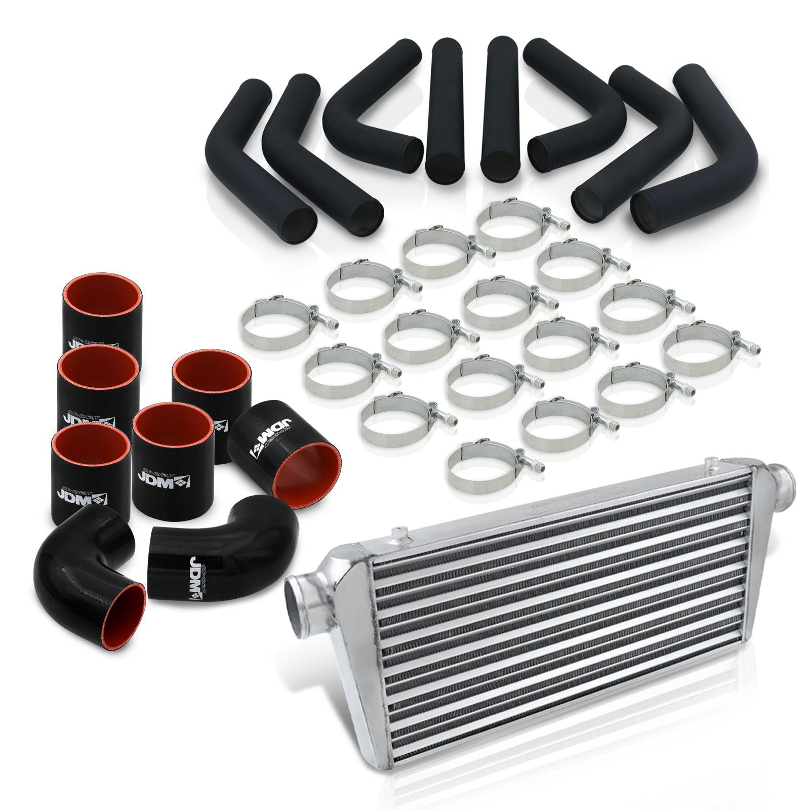 Universal 3" 8 Pieces Aluminum Piping Kit Black (x2 Straight / x2 90 Degree / x2 120 Degree / x2 135 Degree) + Silicone Couplers Black + Universal Aluminum Intercooler (Tube & Fin | Overall: 30.75" x 11.75" x 3.0" | Core: 23.5" x 11.75" x 3.0") - Parts Agent