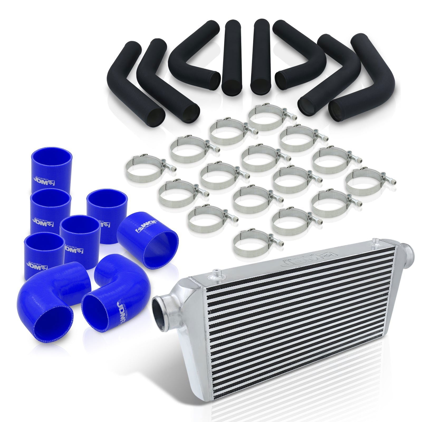 Universal 3" 8 Pieces Aluminum Piping Kit Black (x2 Straight / x2 90 Degree / x2 120 Degree / x2 135 Degree) + Silicone Couplers Blue + Universal Aluminum Intercooler (Bar & Plate | Overall: 31.0" x 11.75" x 3.0" | Core: 23.0" x 11.0" x 3.0") - Parts Agent