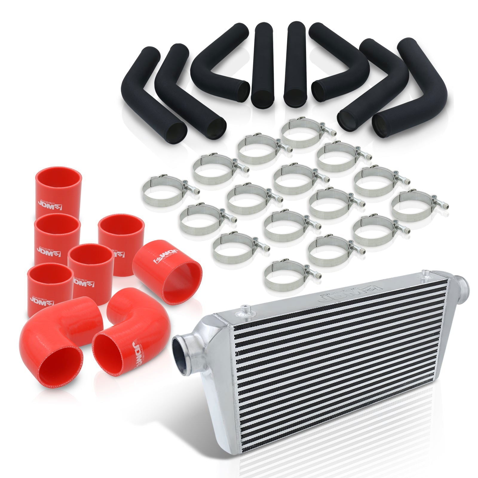 Universal 3" 8 Pieces Aluminum Piping Kit Black (x2 Straight / x2 90 Degree / x2 120 Degree / x2 135 Degree) + Silicone Couplers Red + Universal Aluminum Intercooler (Bar & Plate | Overall: 31.0" x 11.75" x 3.0" | Core: 23.0" x 11.0" x 3.0") - Parts Agent