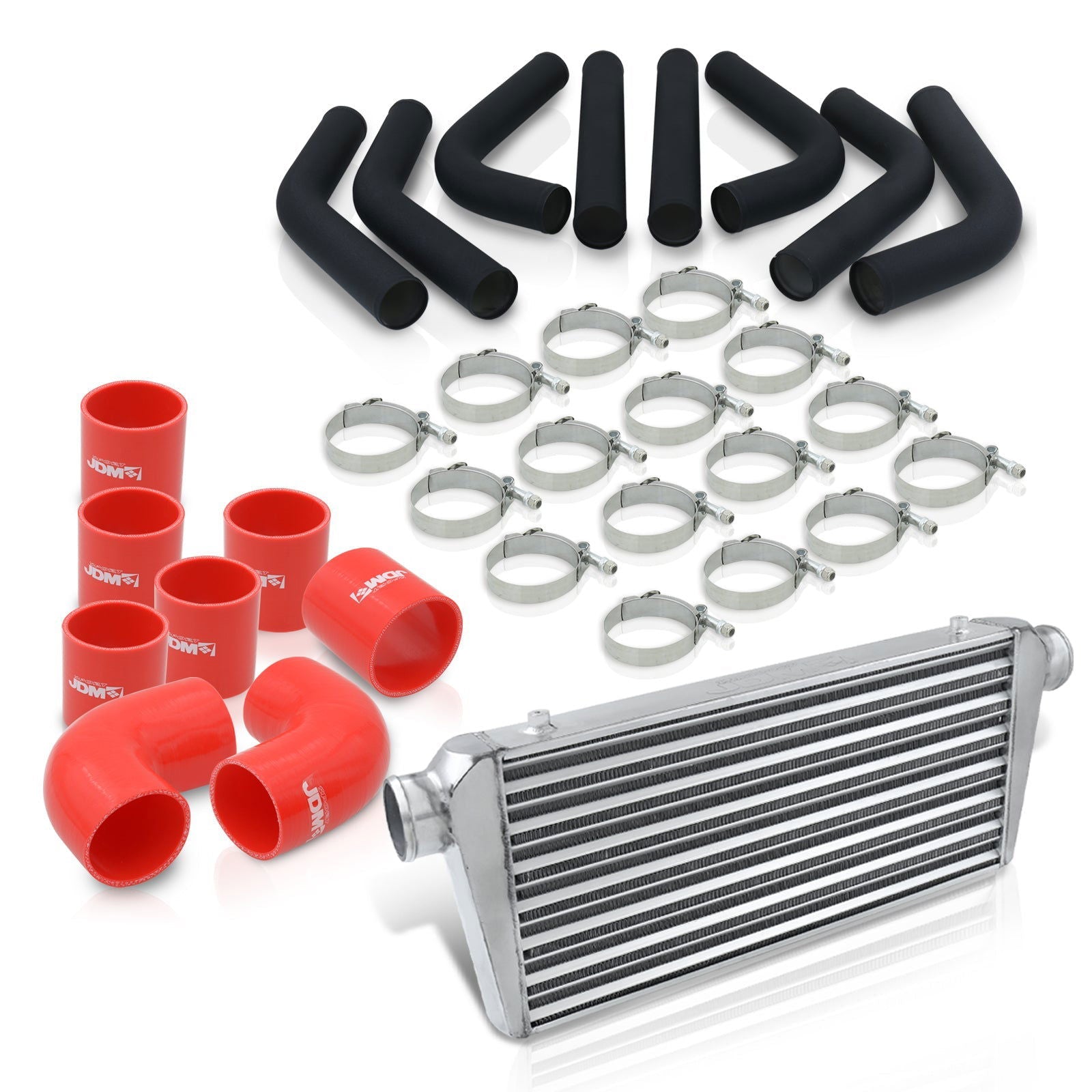 Universal 3" 8 Pieces Aluminum Piping Kit Black (x2 Straight / x2 90 Degree / x2 120 Degree / x2 135 Degree) + Silicone Couplers Red + Universal Aluminum Intercooler (Tube & Fin | Overall: 30.75" x 11.75" x 3.0" | Core: 23.5" x 11.75" x 3.0") - Parts Agent
