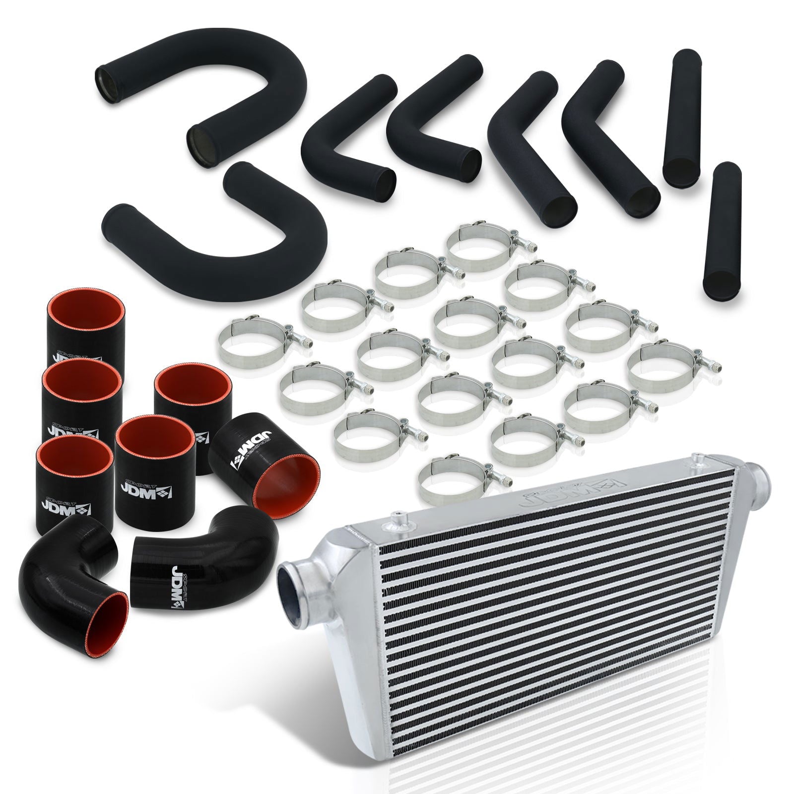 Universal 3" 8 Pieces Aluminum Piping Kit Black (x2 Straight / x2 90 Degree / x2 135 Degree / x2 U-Pipe) + Silicone Couplers Black + Universal Aluminum Intercooler (Bar & Plate | Overall: 31.0" x 11.75" x 3.0" | Core: 23.0" x 11.0" x 3.0") - Parts Agent