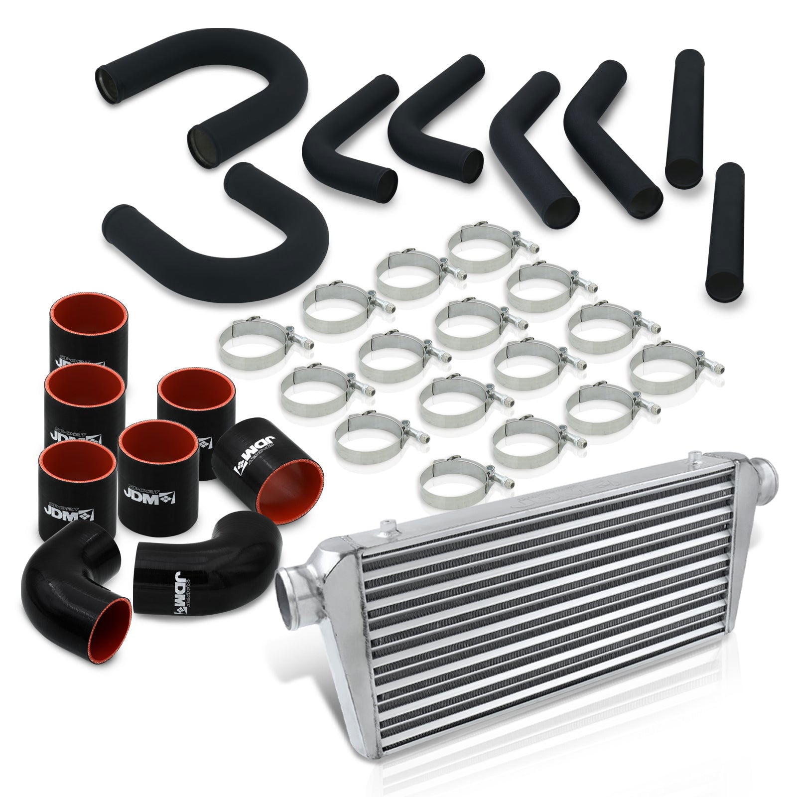 Universal 3" 8 Pieces Aluminum Piping Kit Black (x2 Straight / x2 90 Degree / x2 135 Degree / x2 U-Pipe) + Silicone Couplers Black + Universal Aluminum Intercooler (Tube & Fin | Overall: 30.75" x 11.75" x 3.0" | Core: 23.5" x 11.75" x 3.0") - Parts Agent