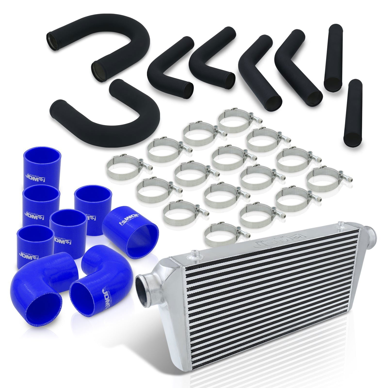 Universal 3" 8 Pieces Aluminum Piping Kit Black (x2 Straight / x2 90 Degree / x2 135 Degree / x2 U-Pipe) + Silicone Couplers Blue + Universal Aluminum Intercooler (Bar & Plate | Overall: 31.0" x 11.75" x 3.0" | Core: 23.0" x 11.0" x 3.0") - Parts Agent