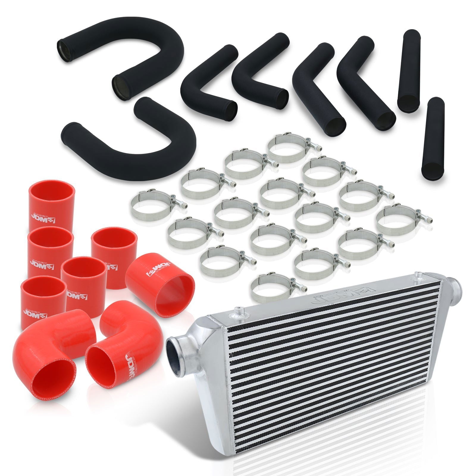 Universal 3" 8 Pieces Aluminum Piping Kit Black (x2 Straight / x2 90 Degree / x2 135 Degree / x2 U-Pipe) + Silicone Couplers Red + Universal Aluminum Intercooler (Bar & Plate | Overall: 31.0" x 11.75" x 3.0" | Core: 23.0" x 11.0" x 3.0") - Parts Agent