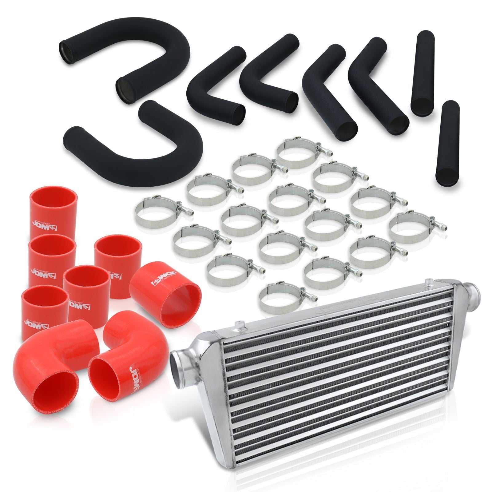 Universal 3" 8 Pieces Aluminum Piping Kit Black (x2 Straight / x2 90 Degree / x2 135 Degree / x2 U-Pipe) + Silicone Couplers Red + Universal Aluminum Intercooler (Tube & Fin | Overall: 30.75" x 11.75" x 3.0" | Core: 23.5" x 11.75" x 3.0") - Parts Agent