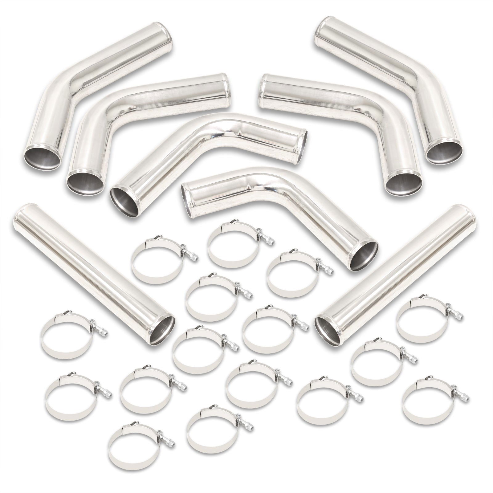 Universal 3" 8 Pieces Aluminum Piping Kit Polished (x2 Straight / x2 90 Degree / x2 120 Degree / x2 135 Degree) - Parts Agent