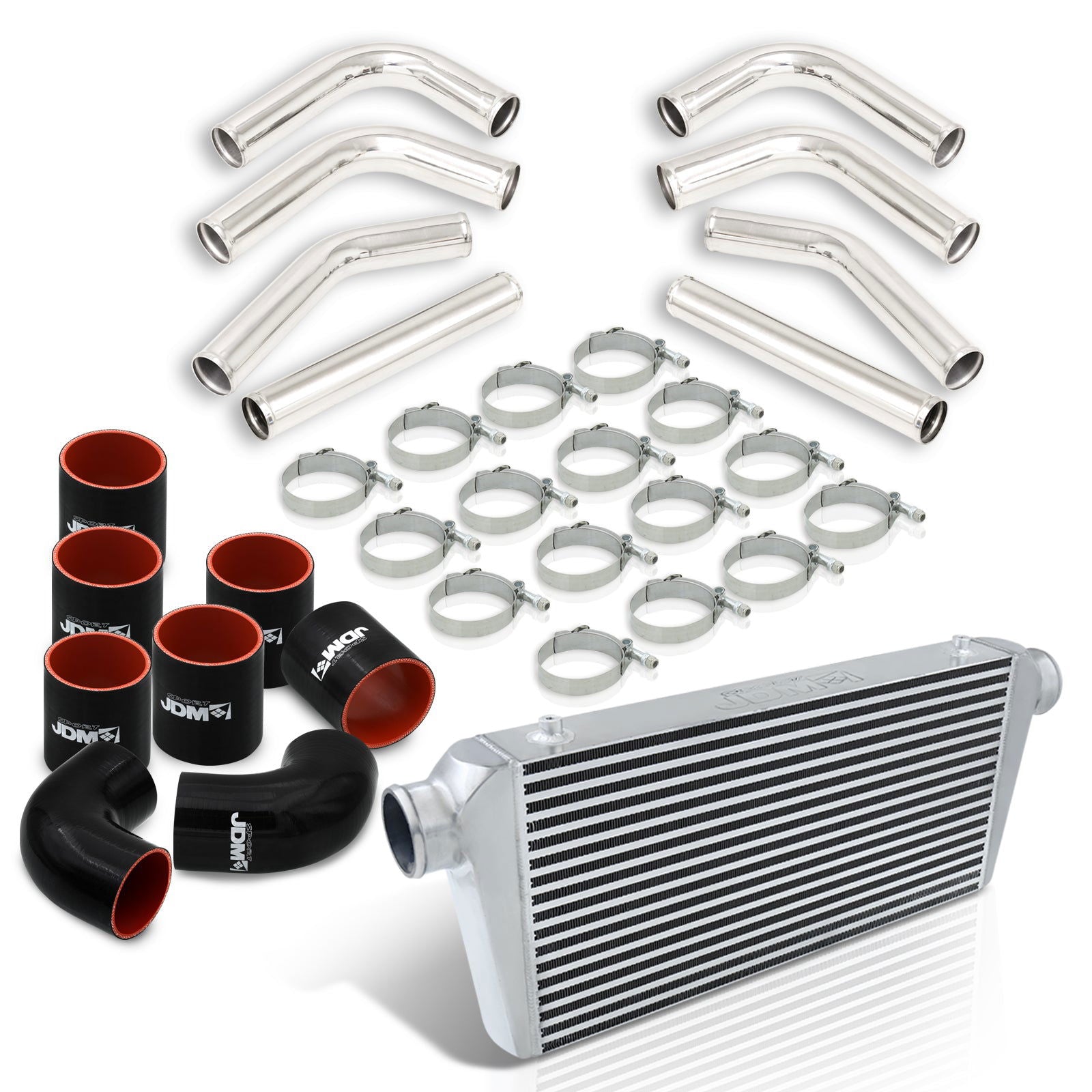 Universal 3" 8 Pieces Aluminum Piping Kit Polished (x2 Straight / x2 90 Degree / x2 120 Degree / x2 135 Degree) + Silicone Couplers Black + Universal Aluminum Intercooler (Bar & Plate | Overall: 31.0" x 11.75" x 3.0" | Core: 23.0" x 11.0" x 3.0") - Parts Agent
