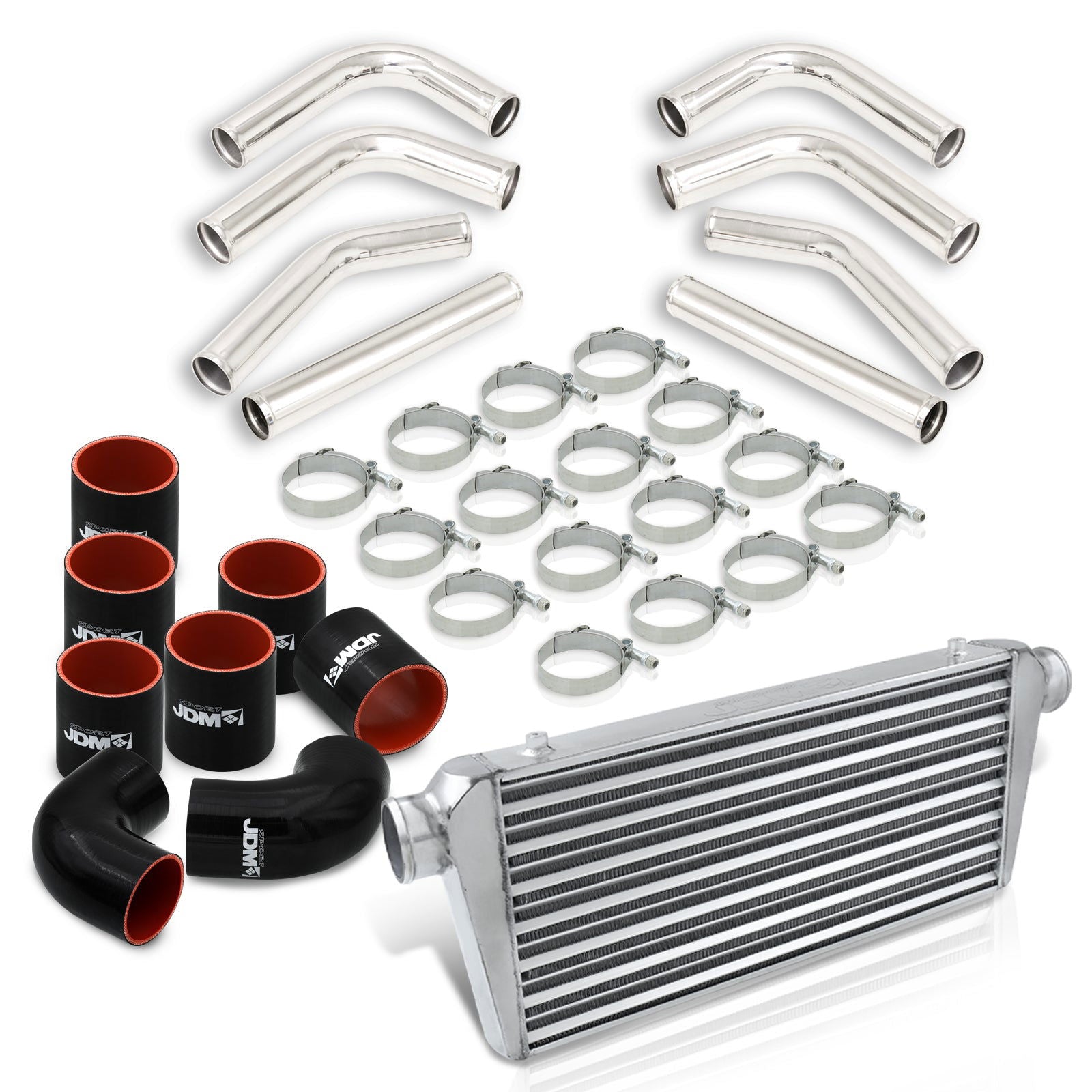 Universal 3" 8 Pieces Aluminum Piping Kit Polished (x2 Straight / x2 90 Degree / x2 120 Degree / x2 135 Degree) + Silicone Couplers Black + Universal Aluminum Intercooler (Tube & Fin | Overall: 30.75" x 11.75" x 3.0" | Core: 23.5" x 11.75" x 3.0") - Parts Agent