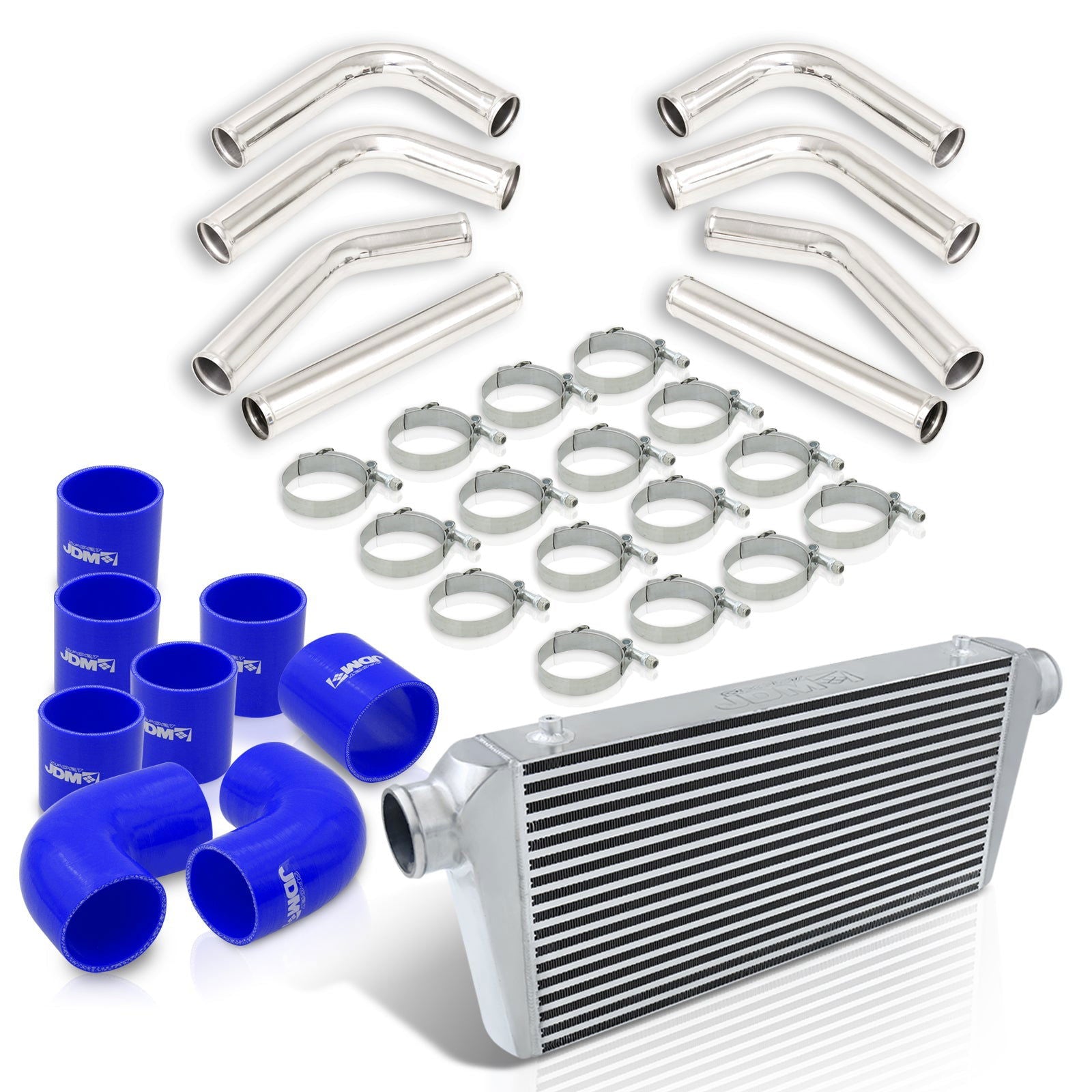 Universal 3" 8 Pieces Aluminum Piping Kit Polished (x2 Straight / x2 90 Degree / x2 120 Degree / x2 135 Degree) + Silicone Couplers Blue + Universal Aluminum Intercooler (Bar & Plate | Overall: 31.0" x 11.75" x 3.0" | Core: 23.0" x 11.0" x 3.0") - Parts Agent