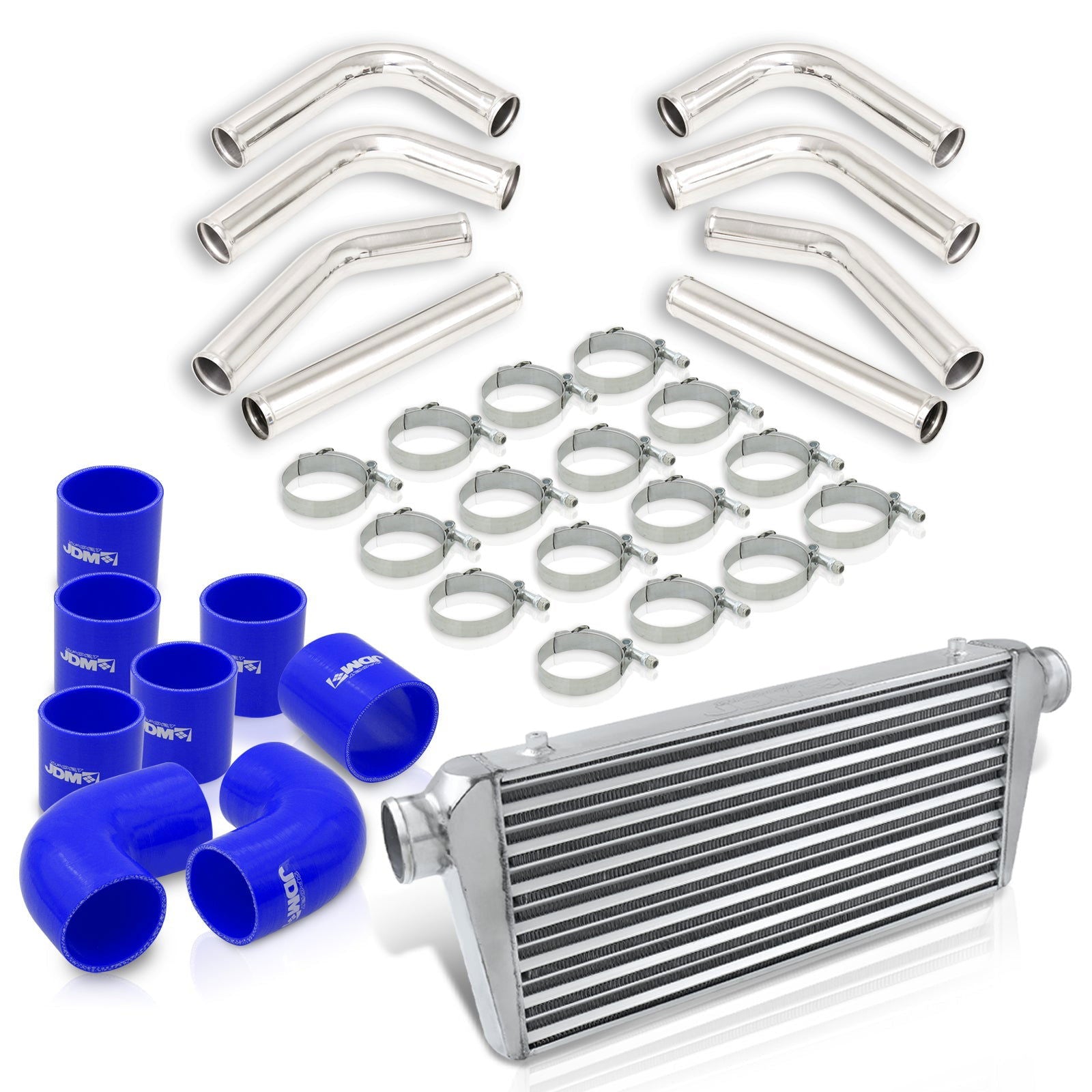 Universal 3" 8 Pieces Aluminum Piping Kit Polished (x2 Straight / x2 90 Degree / x2 120 Degree / x2 135 Degree) + Silicone Couplers Blue + Universal Aluminum Intercooler (Tube & Fin | Overall: 30.75" x 11.75" x 3.0" | Core: 23.5" x 11.75" x 3.0") - Parts Agent