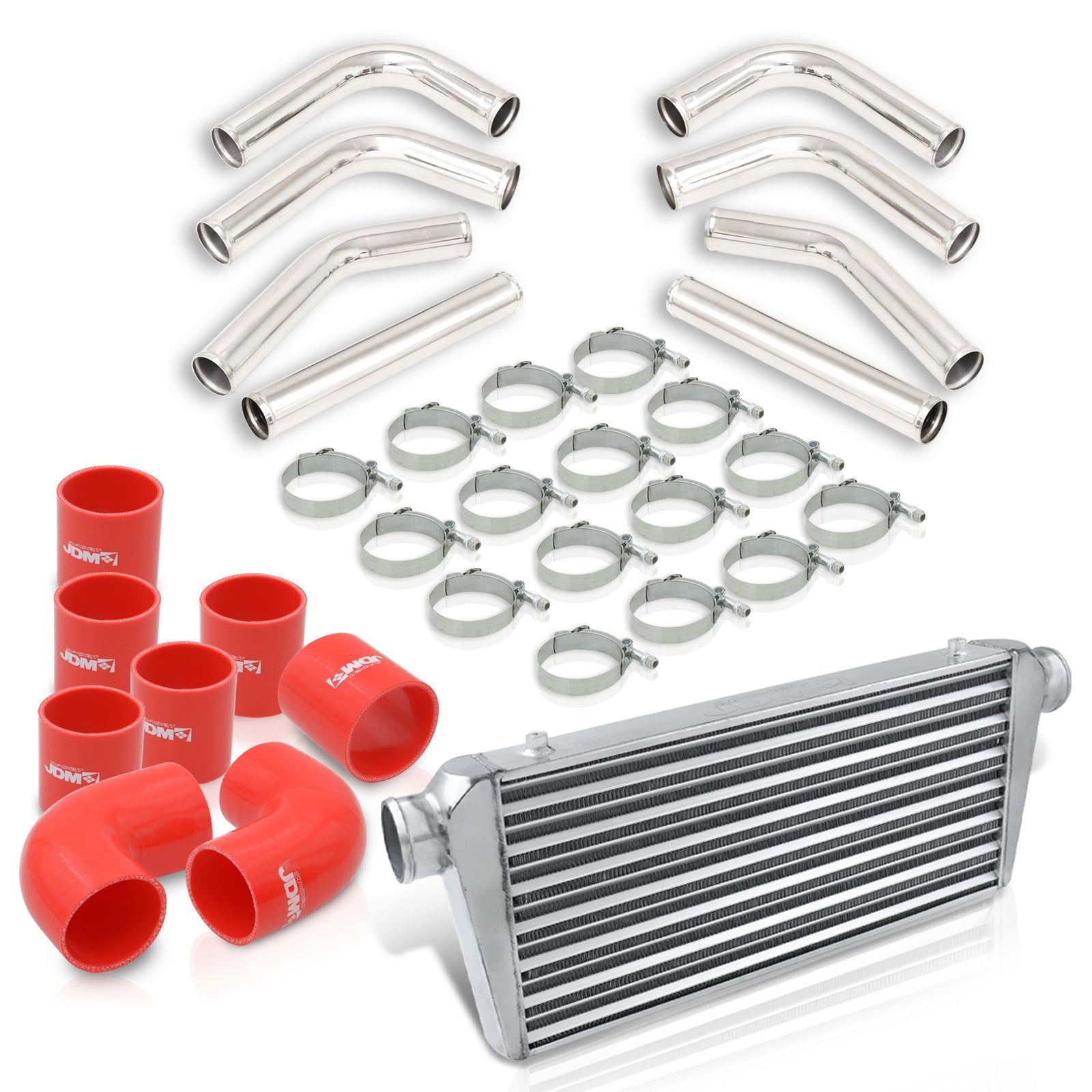 Universal 3" 8 Pieces Aluminum Piping Kit Polished (x2 Straight / x2 90 Degree / x2 120 Degree / x2 135 Degree) + Silicone Couplers Red + Universal Aluminum Intercooler (Tube & Fin | Overall: 30.75" x 11.75" x 3.0" | Core: 23.5" x 11.75" x 3.0") - Parts Agent