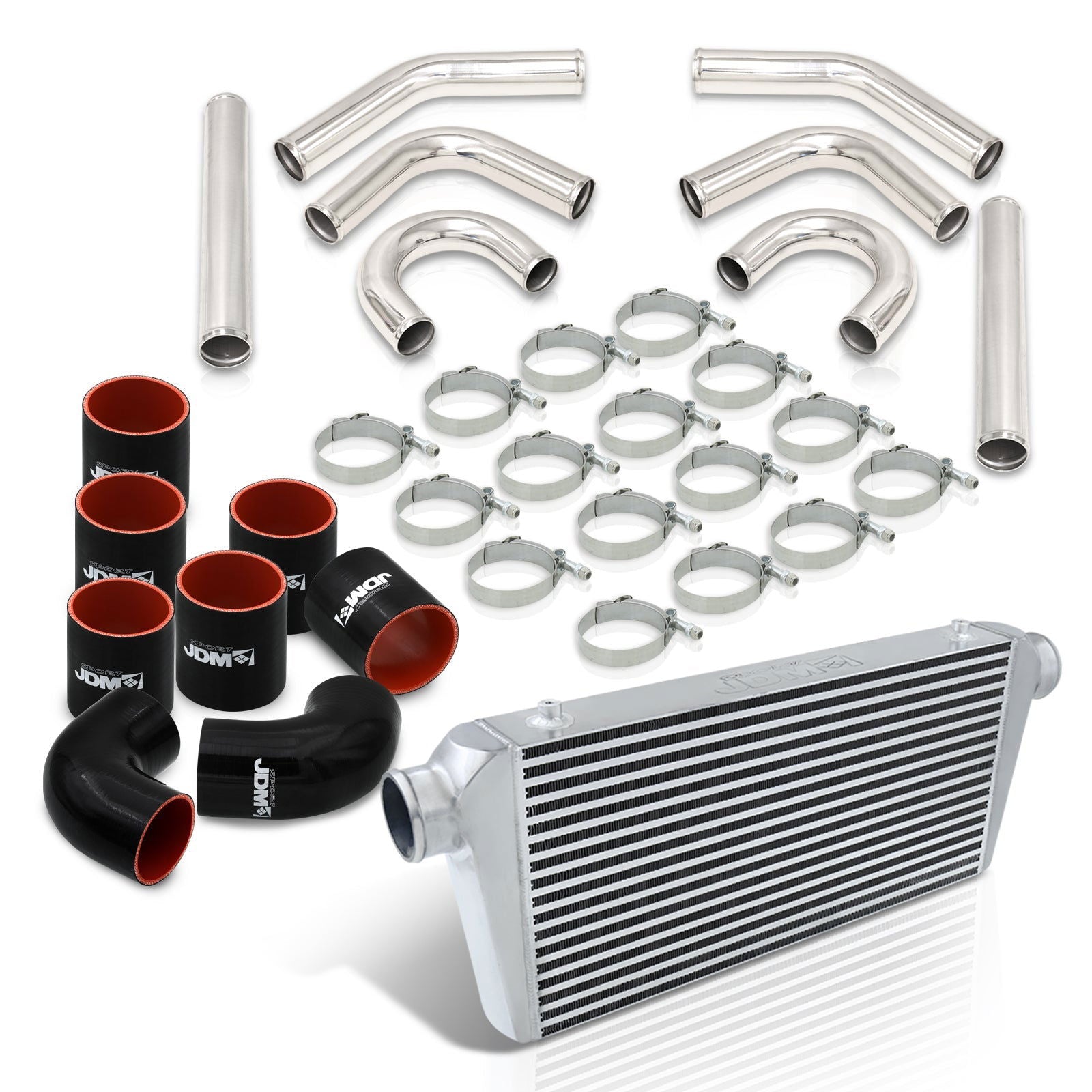 Universal 3" 8 Pieces Aluminum Piping Kit Polished (x2 Straight / x2 90 Degree / x2 135 Degree / x2 U-Pipe) + Silicone Couplers Black + Universal Aluminum Intercooler (Bar & Plate | Overall: 31.0" x 11.75" x 3.0" | Core: 23.0" x 11.0" x 3.0") - Parts Agent