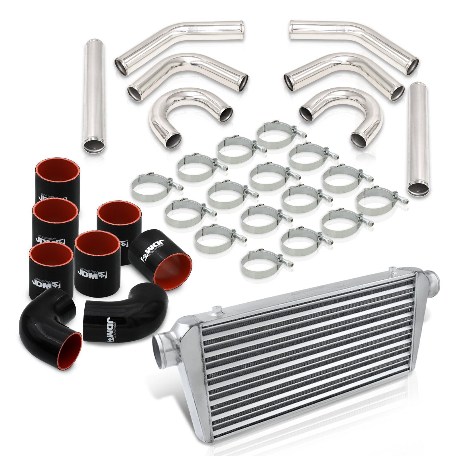 Universal 3" 8 Pieces Aluminum Piping Kit Polished (x2 Straight / x2 90 Degree / x2 135 Degree / x2 U-Pipe) + Silicone Couplers Black + Universal Aluminum Intercooler (Tube & Fin | Overall: 30.75" x 11.75" x 3.0" | Core: 23.5" x 11.75" x 3.0") - Parts Agent