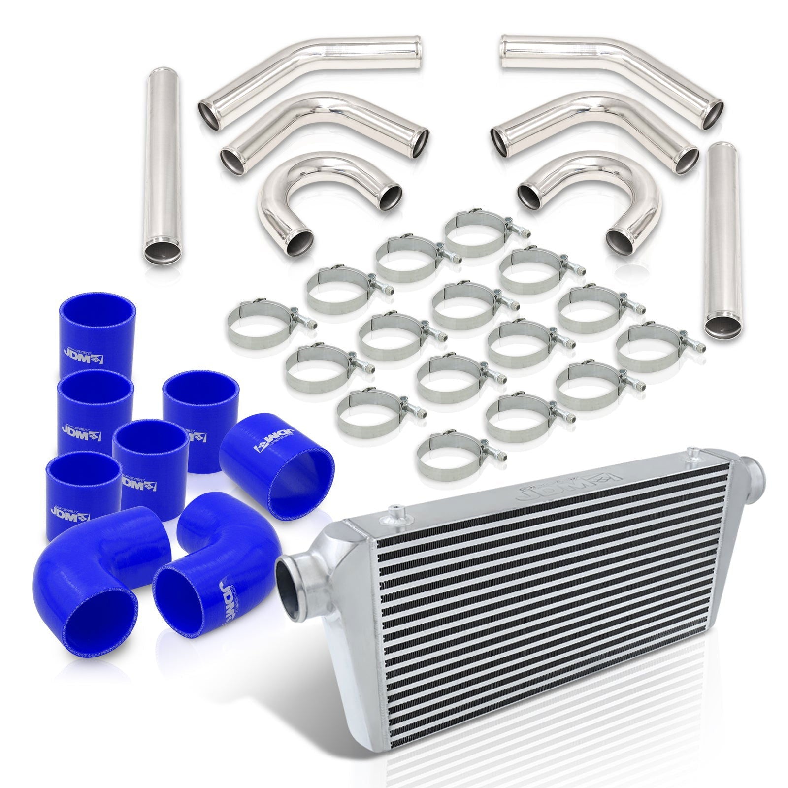 Universal 3" 8 Pieces Aluminum Piping Kit Polished (x2 Straight / x2 90 Degree / x2 135 Degree / x2 U-Pipe) + Silicone Couplers Blue + Universal Aluminum Intercooler (Bar & Plate | Overall: 31.0" x 11.75" x 3.0" | Core: 23.0" x 11.0" x 3.0") - Parts Agent