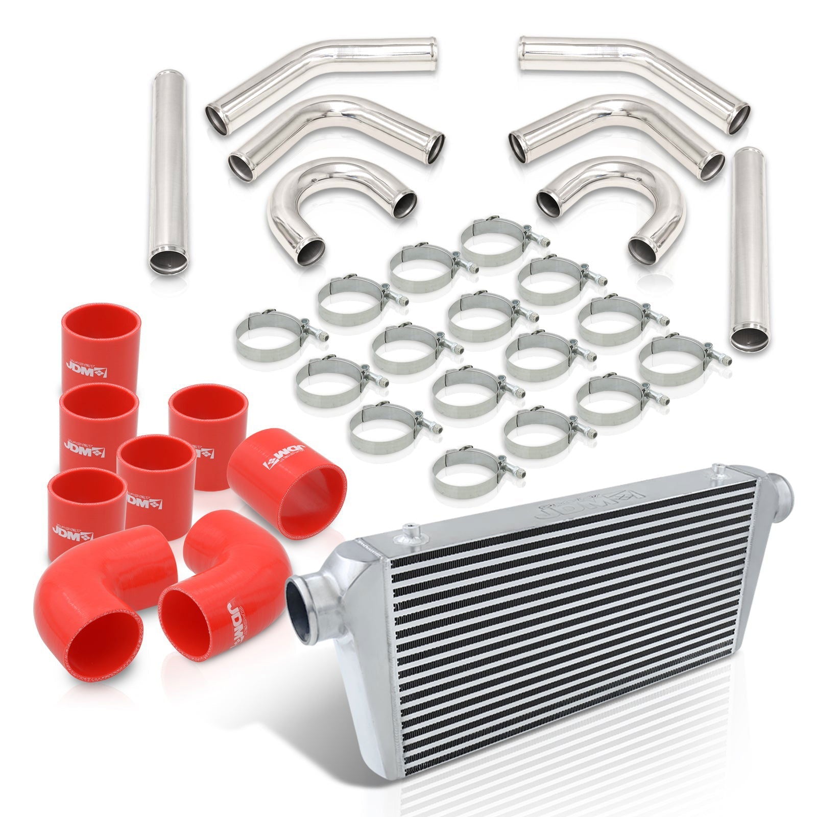 Universal 3" 8 Pieces Aluminum Piping Kit Polished (x2 Straight / x2 90 Degree / x2 135 Degree / x2 U-Pipe) + Silicone Couplers Red + Universal Aluminum Intercooler (Bar & Plate | Overall: 31.0" x 11.75" x 3.0" | Core: 23.0" x 11.0" x 3.0") - Parts Agent