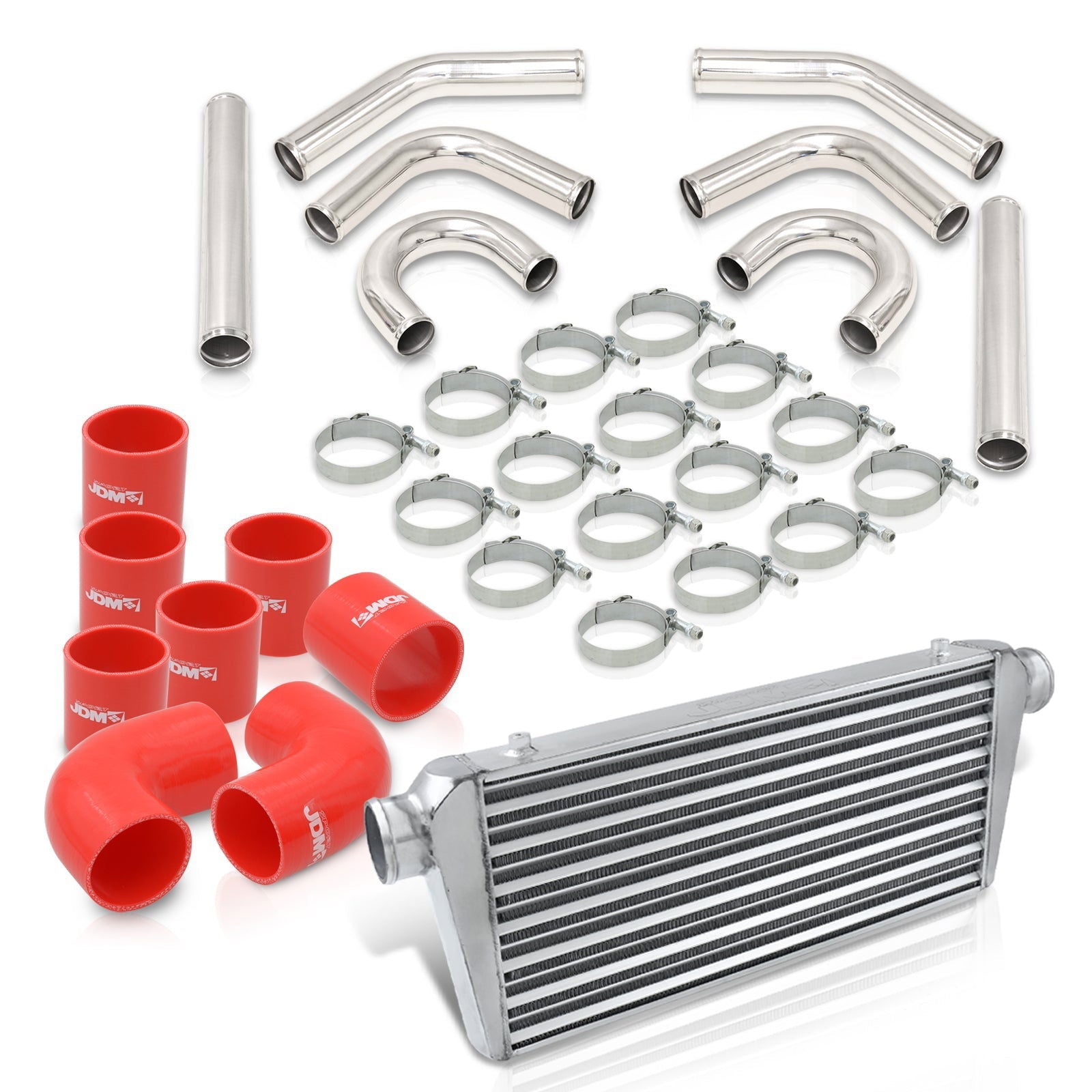 Universal 3" 8 Pieces Aluminum Piping Kit Polished (x2 Straight / x2 90 Degree / x2 135 Degree / x2 U-Pipe) + Silicone Couplers Red + Universal Aluminum Intercooler (Tube & Fin | Overall: 30.75" x 11.75" x 3.0" | Core: 23.5" x 11.75" x 3.0") - Parts Agent