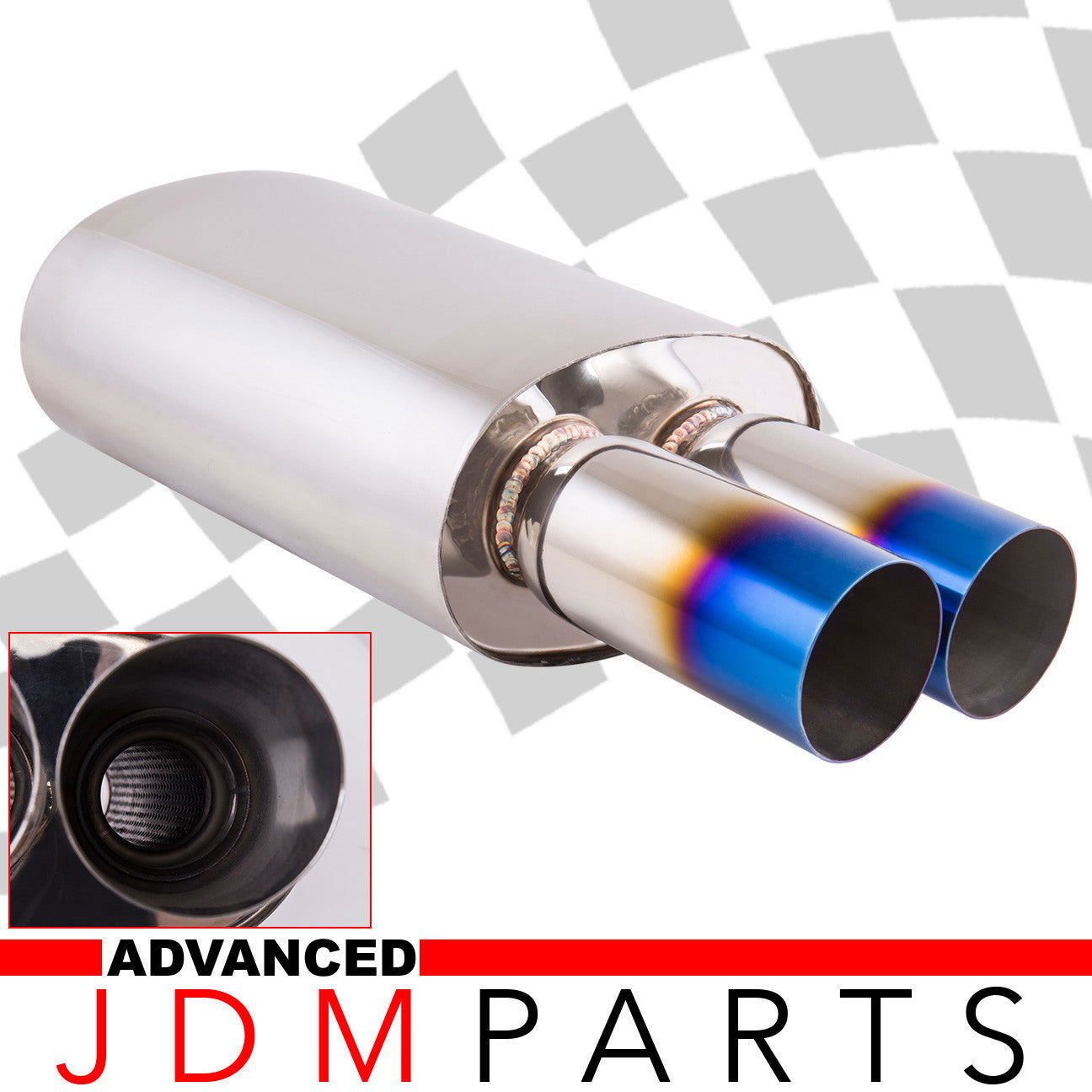 Universal 3" Inlet / 3" Dual Straight Tip DTM Style Stainless Steel Exhaust Muffler Burnt - Parts Agent