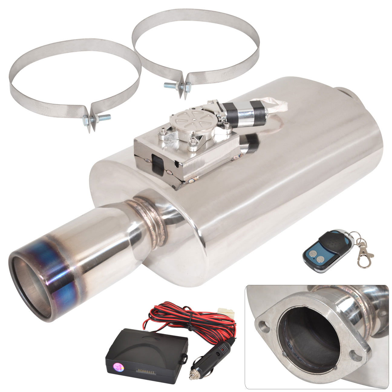 Universal 3" Inlet / 4" Rolled Tip Oval Style Stainless Steel Electric Valve Exhaust Muffler Burnt - Parts Agent