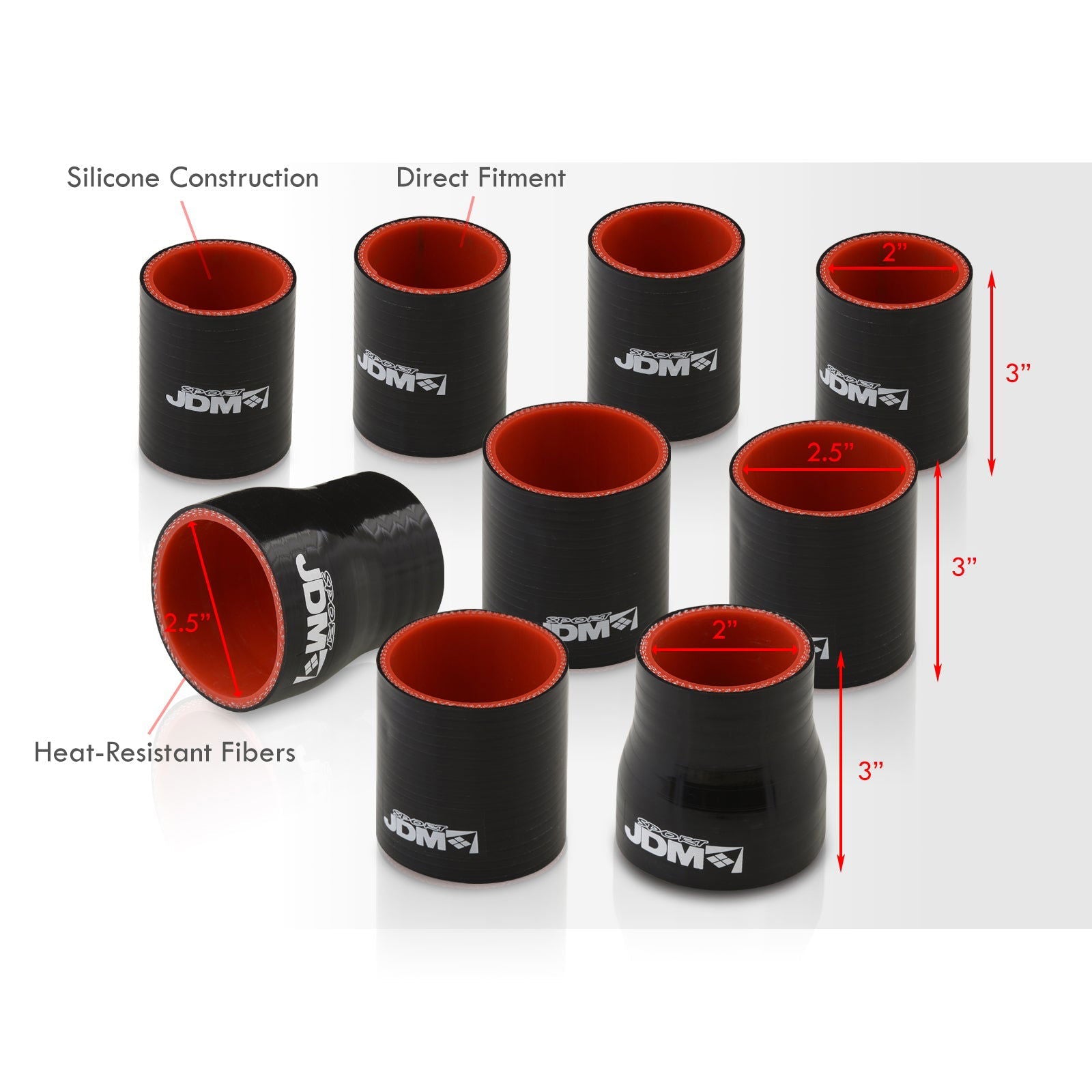 Universal 3x 2.5" Straight / 4x 2" Straight / 2x 2.5" to 2" Straight Reducer 9 Pieces Piping Kit Silicone Couplers Black (Use with PK-5PG30*) - Parts Agent
