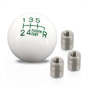 Universal 6 Speed M8 M10 M12 Fuckin' Fast Ball Shift Knob White with Green Lettering (Bottom Right Reverse) - Parts Agent