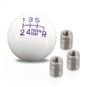 Universal 6 Speed M8 M10 M12 Fuckin' Fast Ball Shift Knob White with Purple Lettering (Bottom Right Reverse) - Parts Agent
