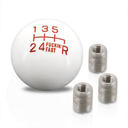 Universal 6 Speed M8 M10 M12 Fuckin' Fast Ball Shift Knob White with Red Lettering (Bottom Right Reverse) - Parts Agent