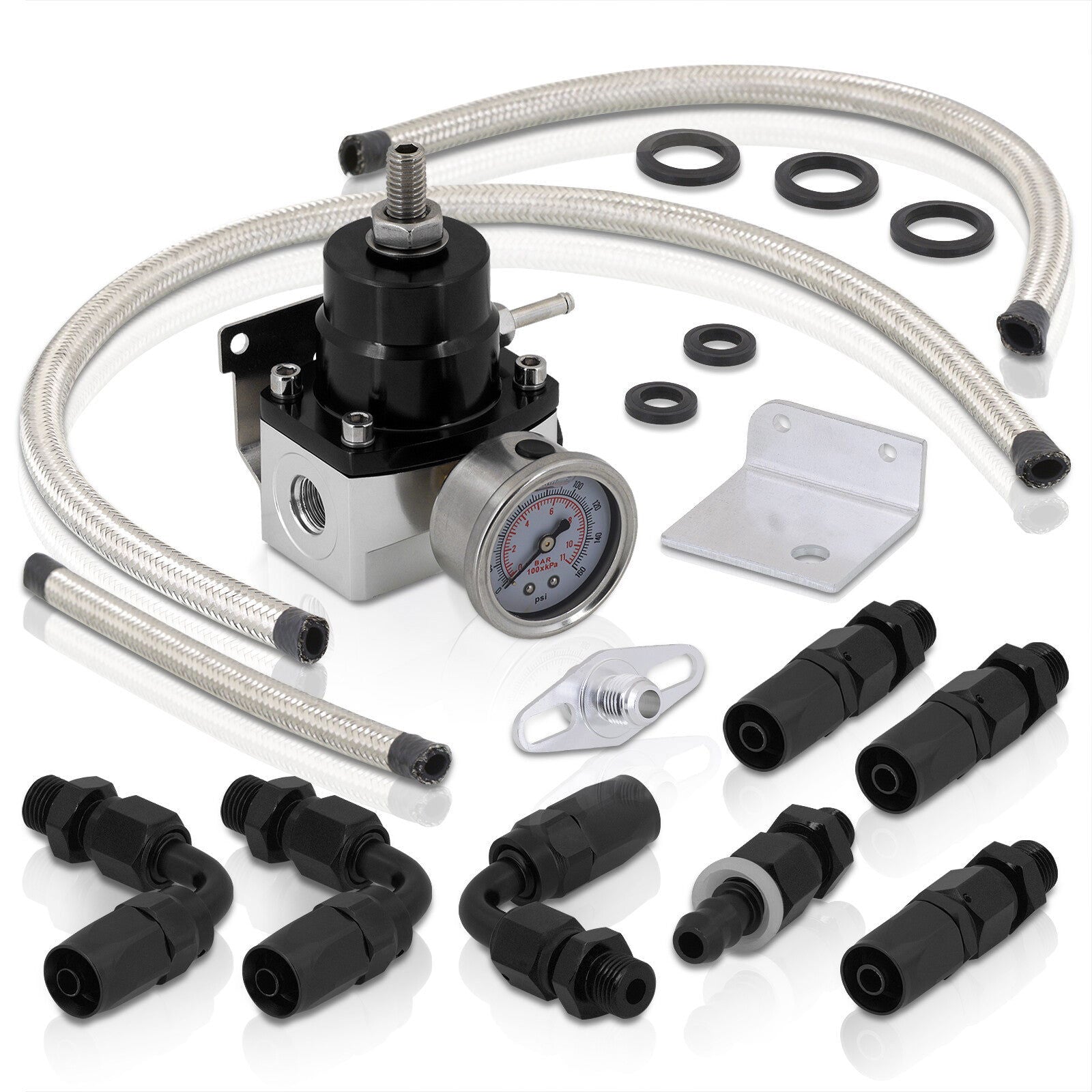 Universal Black/Chrome Adjustable Fuel Pressure Regulator Gauge Kit & An6 Fitting Ends - Parts Agent
