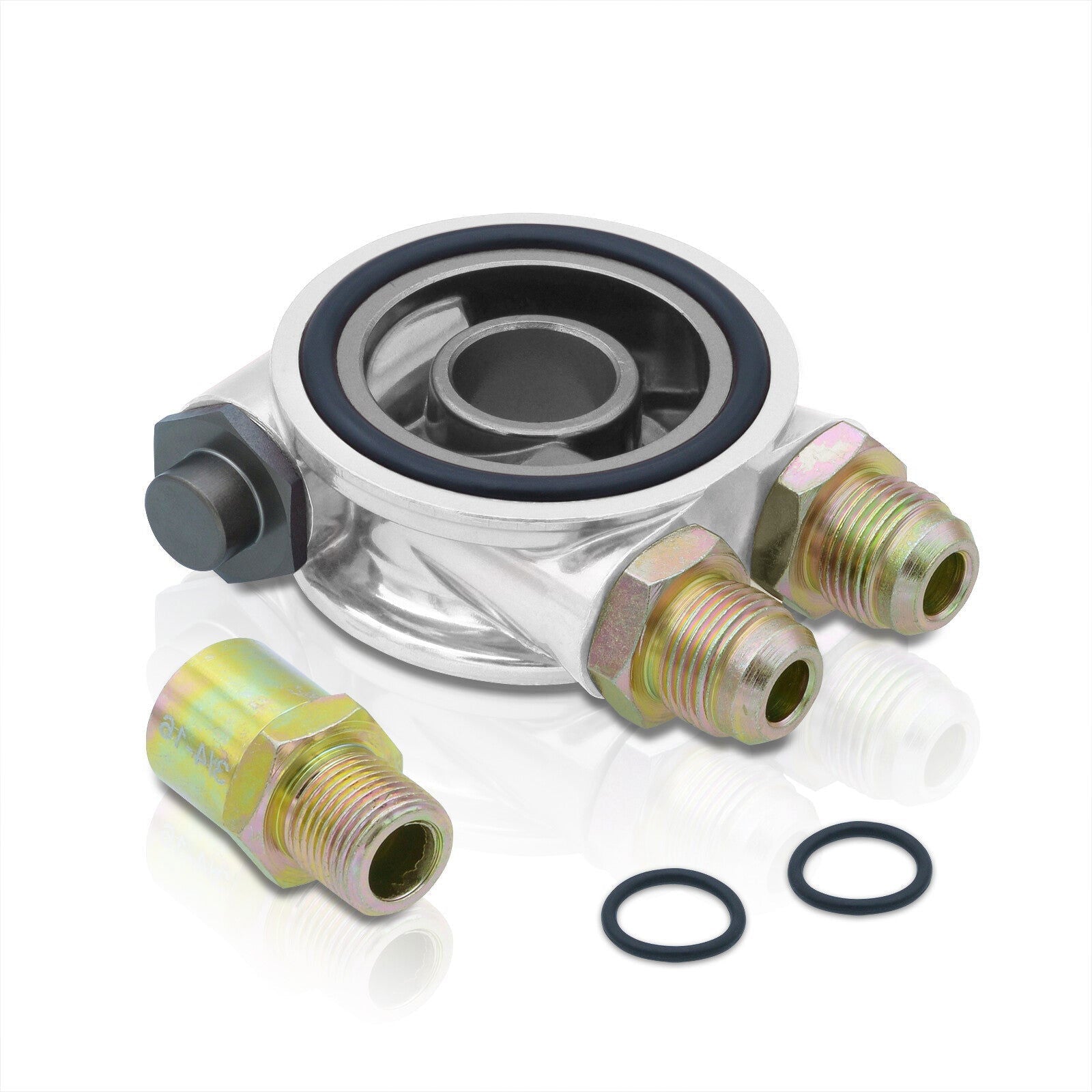 Universal Oil Filter Cooler Sandwich Relocator Adapter Plate with Thermostat Controller Chrome - Parts Agent