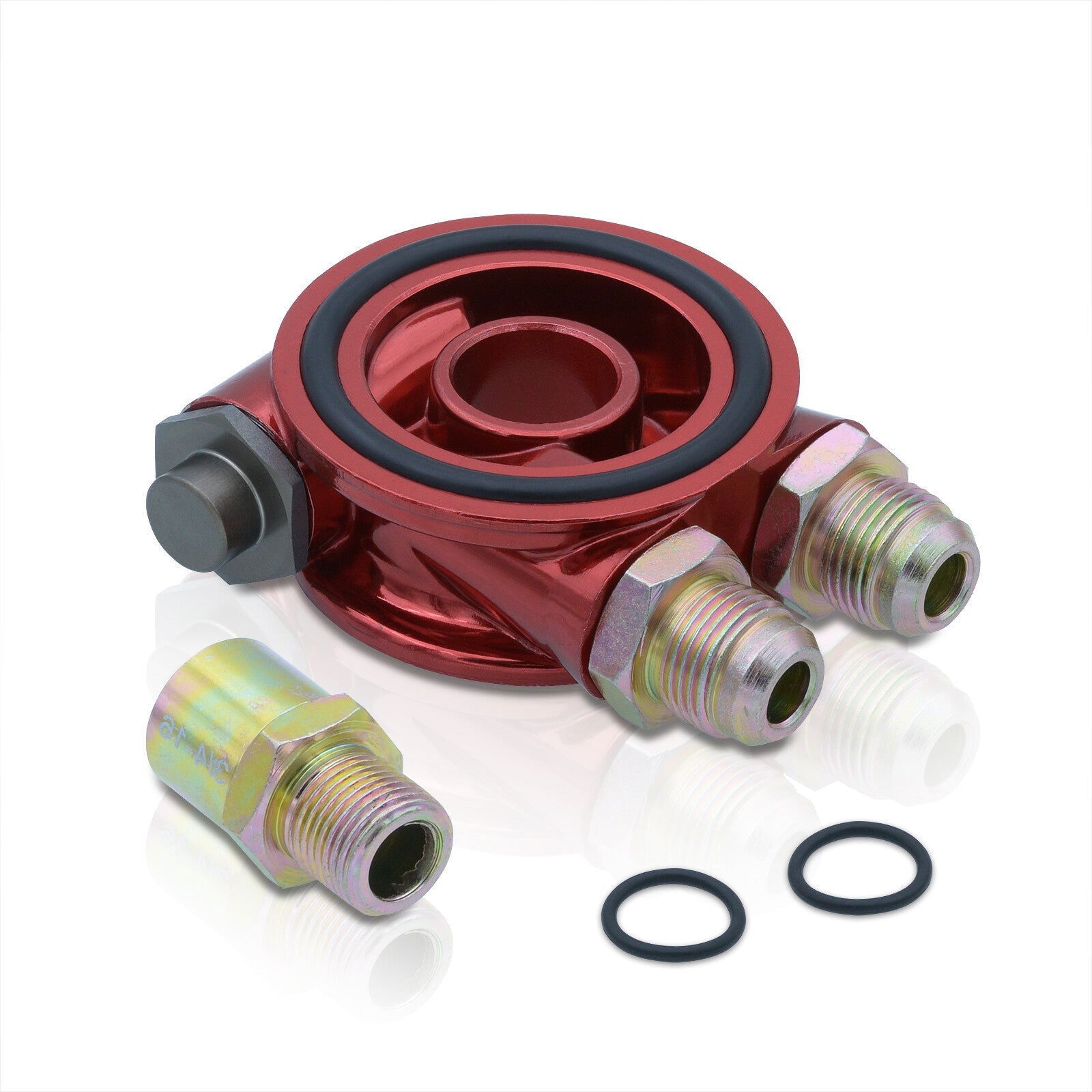 Universal Oil Filter Cooler Sandwich Relocator Adapter Plate with Thermostat Controller Red - Parts Agent