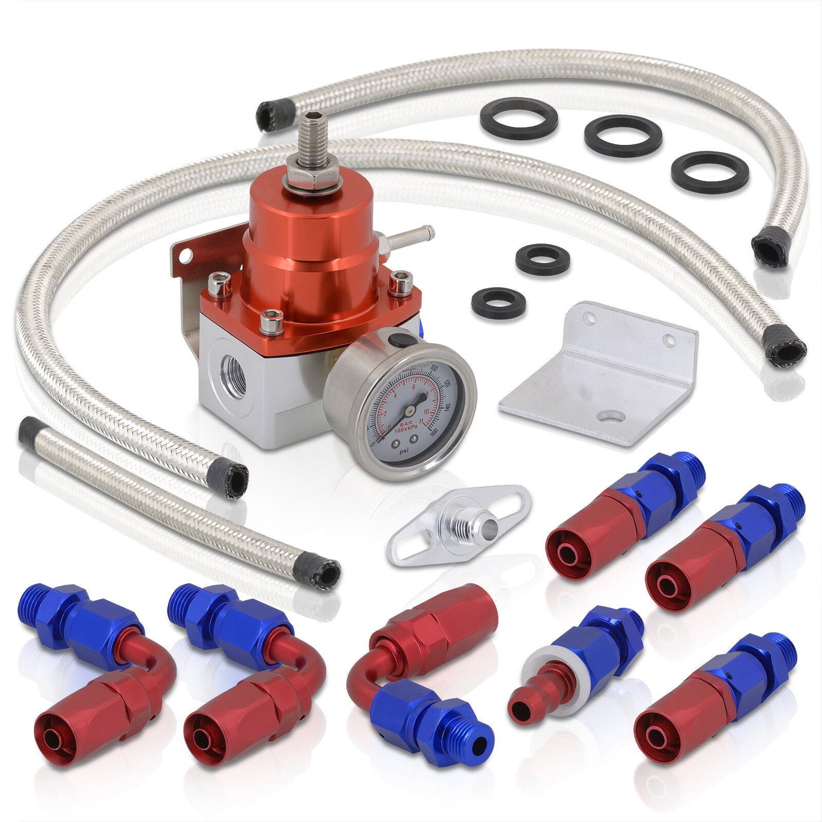 Universal Red/Blue Adjustable Fuel Pressure Regulator Gauge Kit & An6 Fitting Ends - Parts Agent