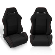 Universal Type-R Style Reclinable Racing Seats + Sliders Black Cloth with Red Stitching - Parts Agent