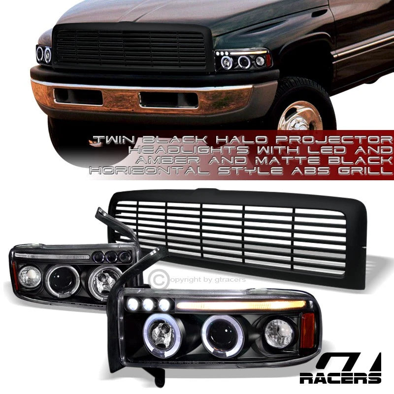 1994-2002 Dodge Ram Black LED Halo Projector Headlights Amber+Matte H Grille