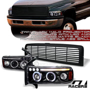 1994-2002 Dodge Ram Black LED Halo Projector Headlights Amber+Matte H Grille
