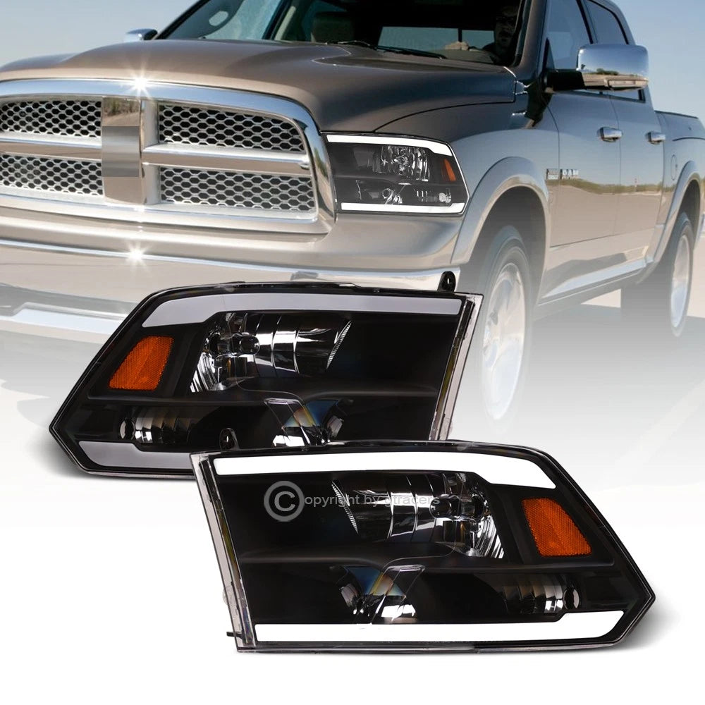 2009-2018 Dodge Ram Black Crystal Headlights Signal Amber w/DRL LED Tube Bar