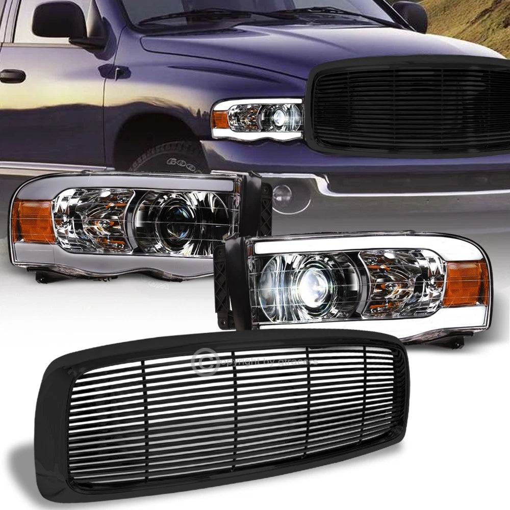 02-05 Ram Chrome Full LED Tube Projector Headlights Am+Blk Horizontal Grille