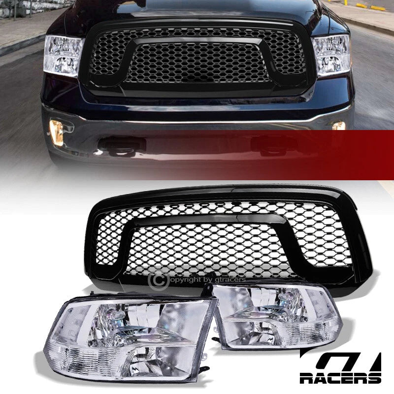 2013-2018 Dodge Ram 1500 Chrome Quad Lamp Headlight nb+Blk Rebel Mesh Grille