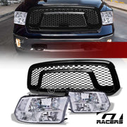 2013-2018 Dodge Ram 1500 Chrome Quad Lamp Headlight nb+Blk Rebel Mesh Grille