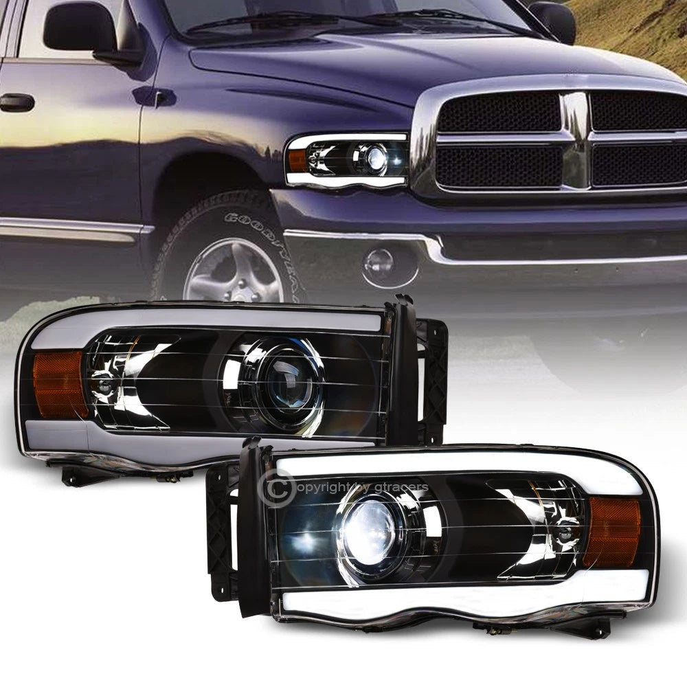 2002-2005 Ram Black Full LED Projector Headlights Signal Amber w/Tube Bar