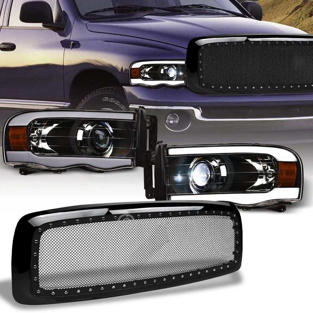 2002-2005 Ram Blk Full LED Tube Projector Headlights Amber+Rivet Mesh Grille