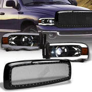 2002-2005 Ram Blk Full LED Tube Projector Headlights Amber+Rivet Mesh Grille