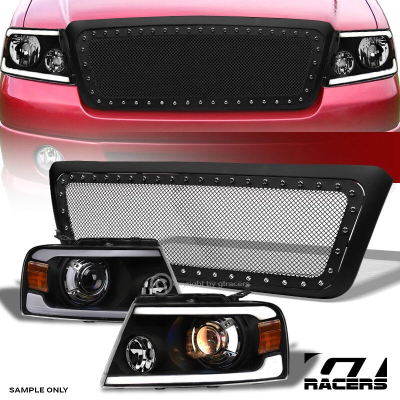2004-2008 F150 Black LED Tube Projector Headlights A+Matte Rivet Mesh Grille