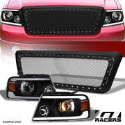 2004-2008 F150 Black LED Tube Projector Headlights A+Matte Rivet Mesh Grille