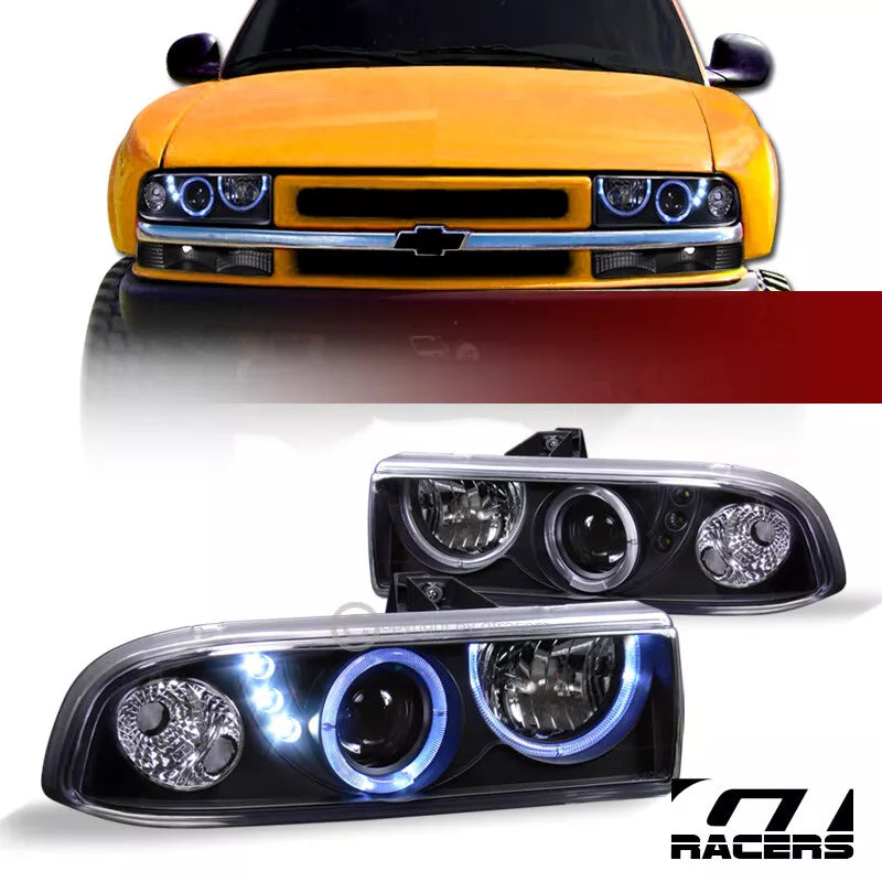 1998-2004 Chevy S10 Pickup/Blazer Black LED Halo Projector Headlights Lamps