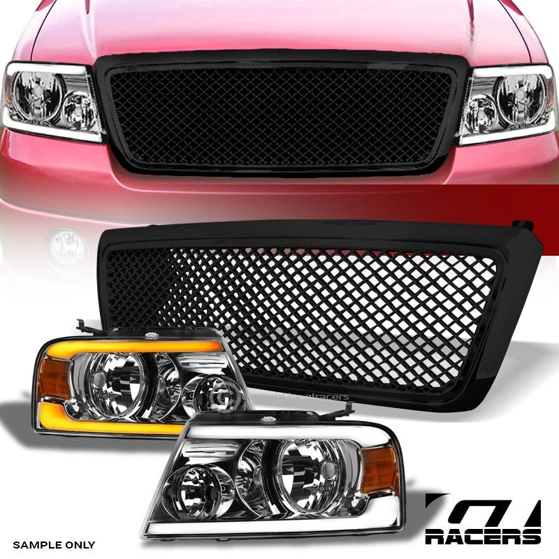 2004-2008 F150 Chrome Sequential LED Tube Headlights Amber+Black Mesh Grille