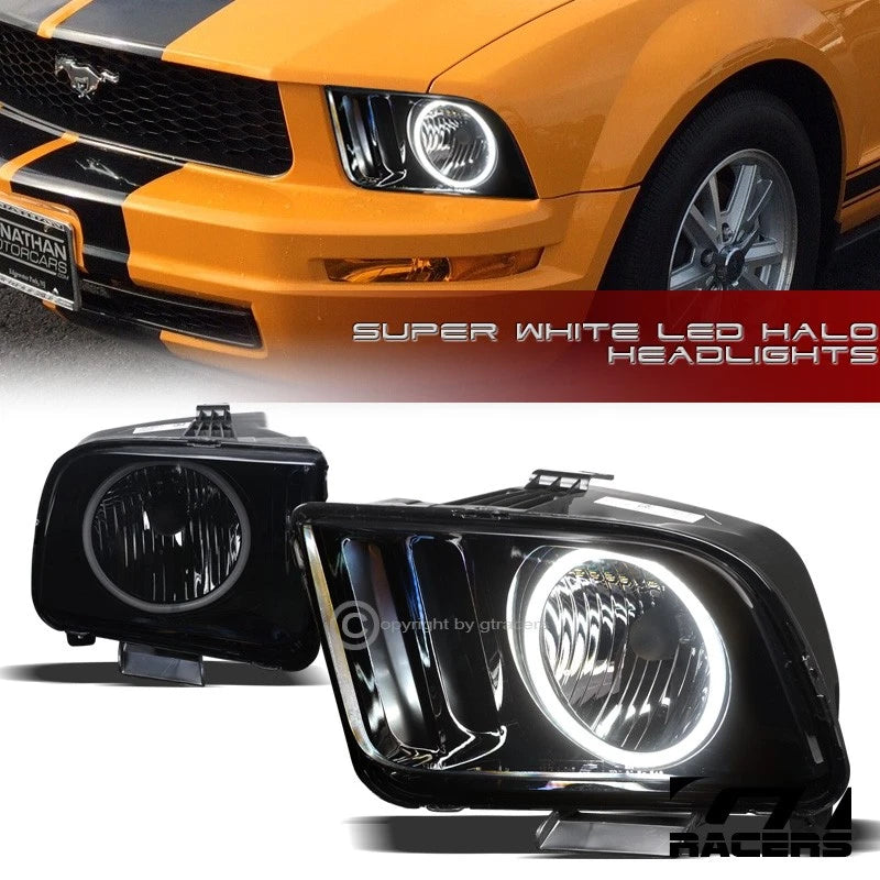 2005-2009 Ford Mustang Smoke Black DRL White LED Halo Crystal Headlights ks