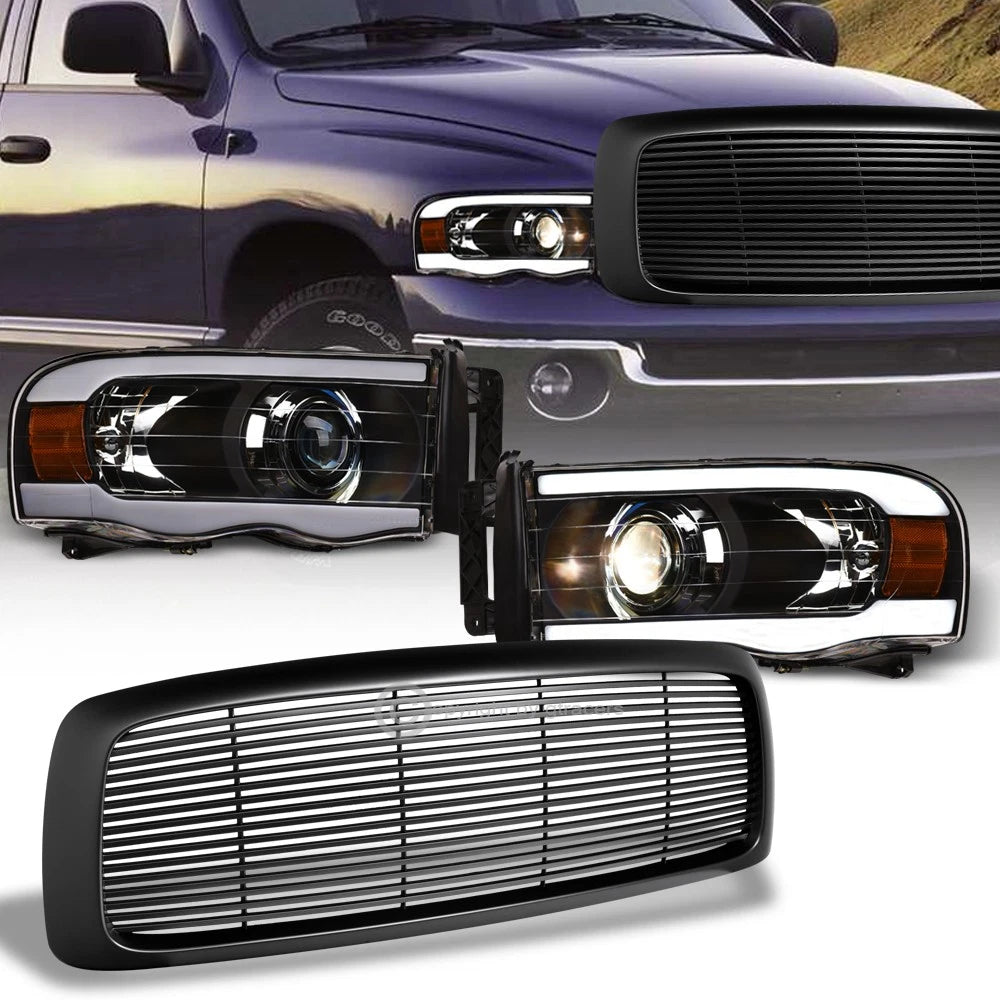2002-2005 Ram Blk LED Tube Projector Headlights Amber+Matte Horizontal Grill